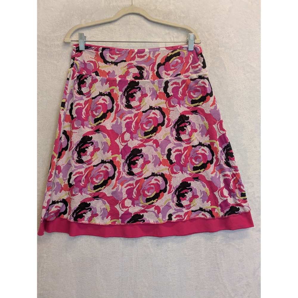 Womens‎ Floral A Line Midi Skirt Pink Purple Roses Elastic Waist Casual Size L
